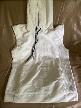 Hosio White Hooded Tank with  2 side pockets Navy Drawstring, 21 in pit to pit